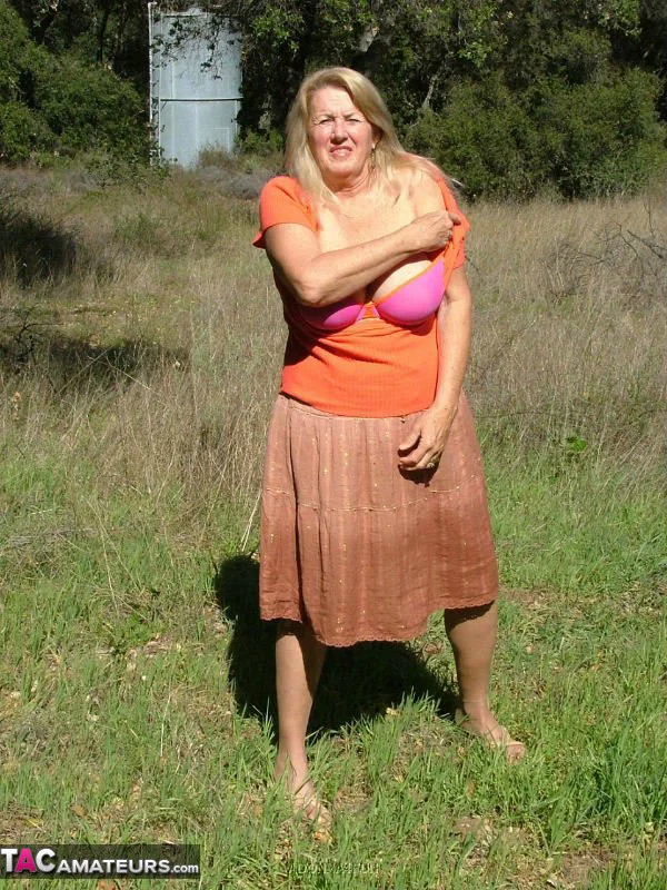 Old amateur Adonna bares her big tits and bald cunt with the sun in her eyes  - Mature, BBW, Outdoor, Big Tits, Thick, Chubby, Curvy, Skirt, Pantyhose, Lingerie  - Photo 5