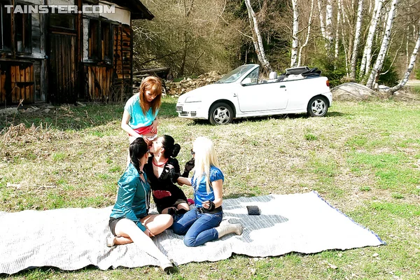 European fetish ladies enjoy wet lesbian foursome outdoor  - Pissing, Clothed, European, Outdoor, Lesbian, Skirt, Pussy Licking, High Heels, Dildo, Kissing  - Photo 2