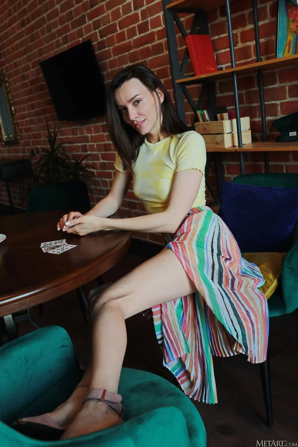 Skinny teen Adel Morel plays cards before stripping to her shoes  - Ukrainian, Perfect, Teen, Pussy, Tiny Tits, Natural Tits, Spreading, Clothed, High Heels, Skinny  - Photo 1