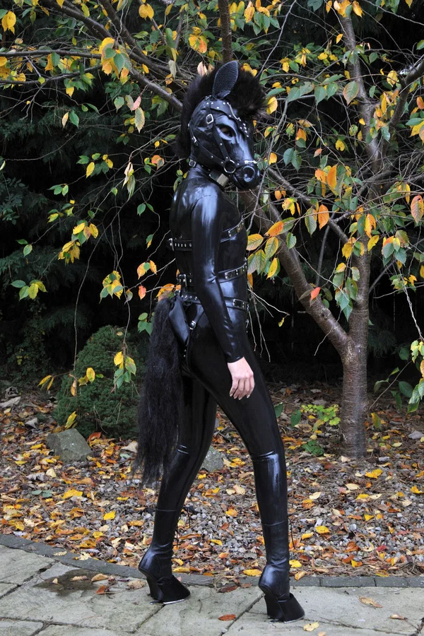 Kinky slut posing outdoors in a horse mask and a full-coverage latex outfit  - Latex, Fetish, BDSM, Bondage, Schoolgirl, Outdoor, Non Nude  - Photo 3