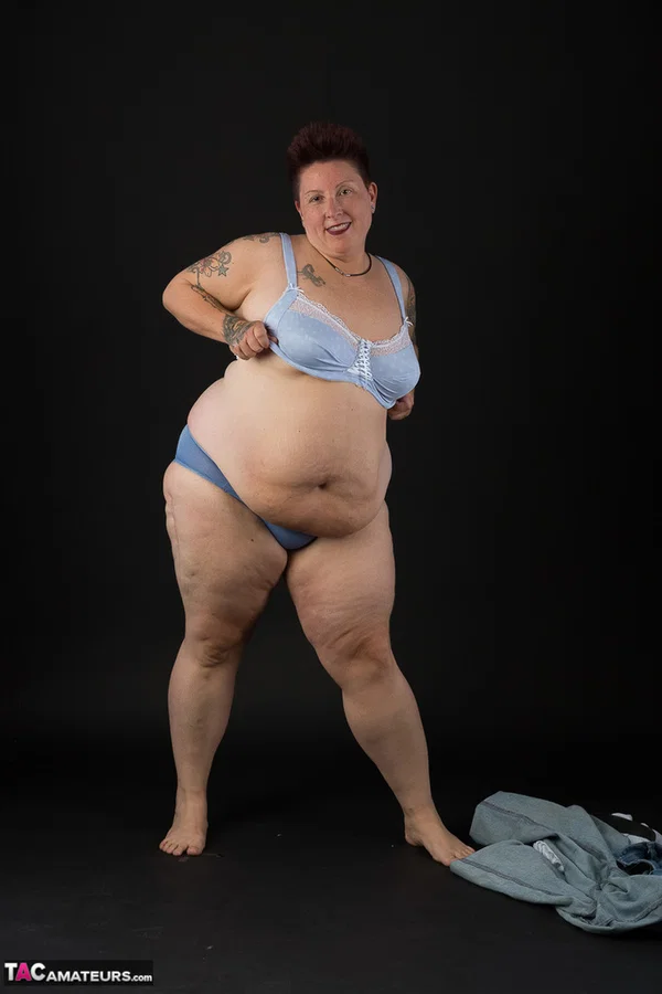 Fat amateur Tattoo Girl cups her boobs after taking off her clothes  - BBW, Mature, Amateur, Tattoo, Lingerie, Jeans, Panties, Brunette, Chubby, Short Hair  - Photo 11