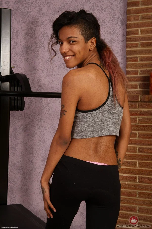 Skinny amateur Yvette reveals her hairy pussy and nice small boobs in the gym  - African, Ebony, Hairy, Skinny, Amateur, Pussy, Black, Feet, Spreading, Legs  - Photo 1