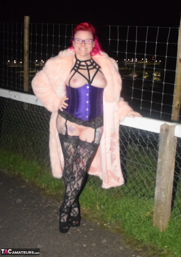 Redheaded amateur Mollie Foxxx flashes at night in a fur coat  - Public, Chubby, MILF, Glasses, Curvy, BBW, Amateur, Lingerie, Outdoor, Thick  - Photo 1