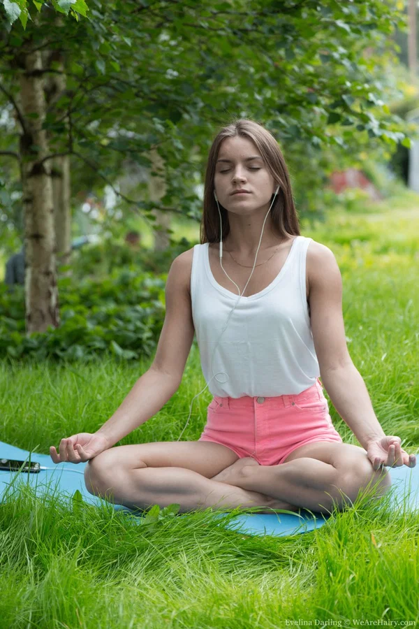 Thin Russian teen Evelina Darling undress after doing yoga in the woods  - Outdoor, Hairy, Teen, Cute, Masturbation, Brunette, Spreading, Pussy, Non Nude  - Photo 1