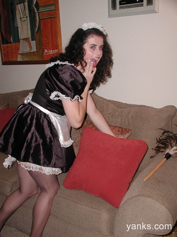 Black haired maid Michelle lifts her skirt up and drills her cunt with a toy  - Maid, MILF, Pussy, Upskirt, Stockings, Dildo, Dress, Uniform, Panties, Amateur  - Photo 4