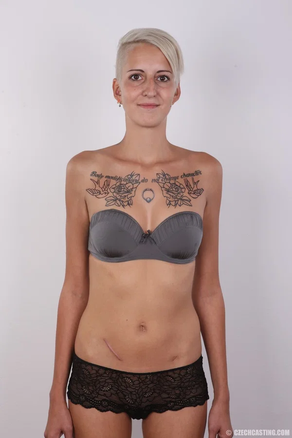 Blonde teen with a tattooed back stands naked after removing her clothes  - Amateur, Teen, Close Up, Casting, Panties, Czech, Nipples, Lingerie, Piercing, Ass  - Photo 9