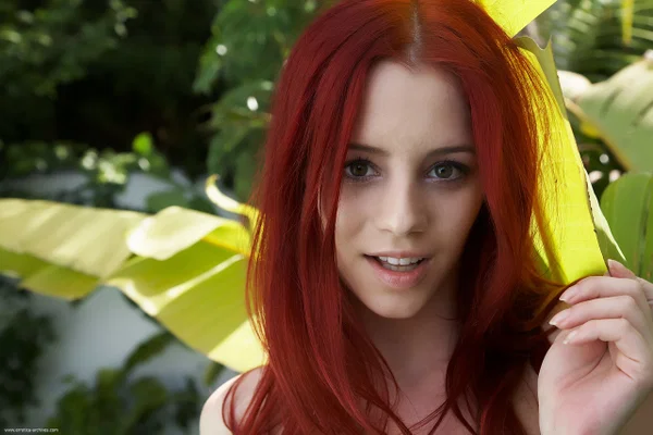Skinny redhead with striking eyes models totally naked amid tropical plants  - Teen, Perfect, Redhead, Centerfold, Face, Big Tits, Outdoor, Skinny, Glamour, Pussy  - Photo 5