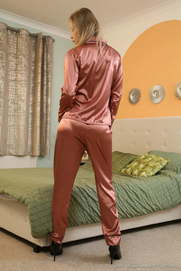 Natural blonde Anabel takes off satin pyjamas to go nude in stockings  - Panties, MILF, Stockings, Undressing, Natural Tits, Ass, Latina, Clothed, Czech, Beautiful  - Photo 2