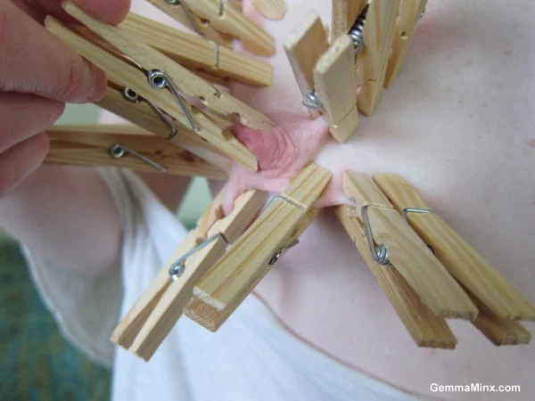 Beautiful girl Gemma Minx fixes wooden clothespin to her breasts and nipples  - Nipples, Beautiful, Close Up, Redhead, Tiny Tits, Natural Tits, Clothed, Babe, Solo  - Photo 5