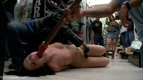 Caucasian girl is gangbanged in a phone shop before being left in a chokehold  - Public, Groupsex, Facial, BDSM, Cumshot, Bondage, Pussy, Dildo, Ass, Ass Fucking  - Photo 17