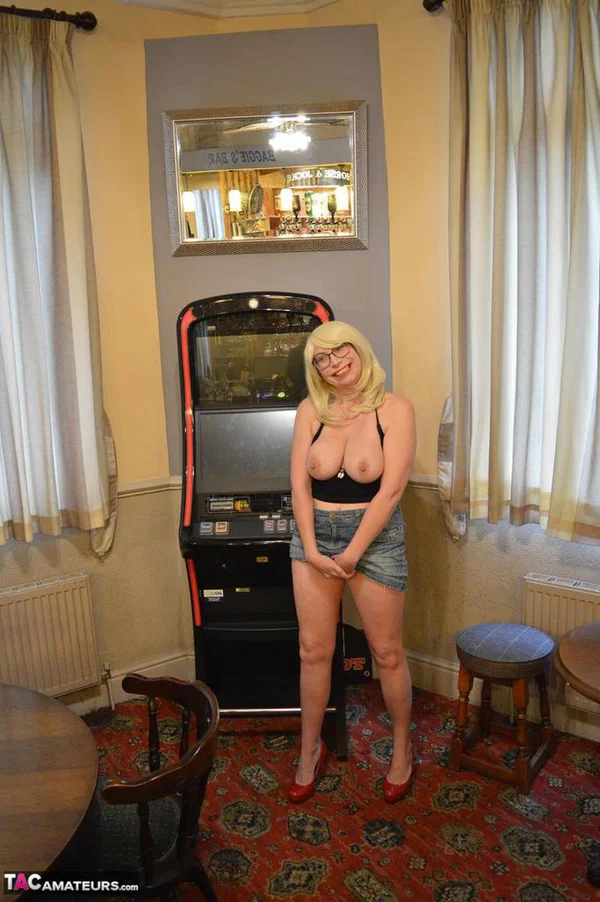 Older amateur Barby Slut exposes her tits and pussy while in a public house  - Mature, Pussy Licking, Glasses, High Heels, Clothed, Skirt, Upskirt, PAWG, Big Tits, Natural Tits  - Photo 12