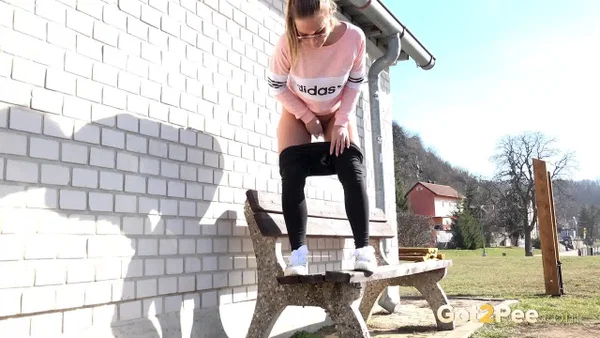 Solo girl Naomi Bennet pisses on a public bench in the middle of the day  - Pissing, Public, Czech, Pussy, Glasses, Outdoor, Blonde, Spreading, Close Up, Babe  - Photo 13