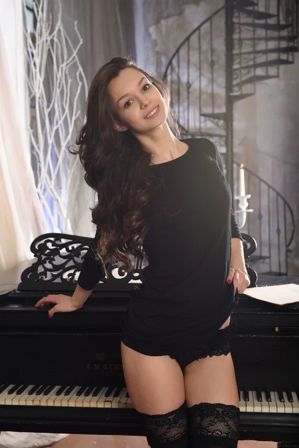 Flexible teen removes stockings and a black dress to pose nude on a piano  - Teen, Flexible, Sexy, Feet, Tiny Tits, Babe, Brunette, Curly, Panties, Legs  - Photo 2