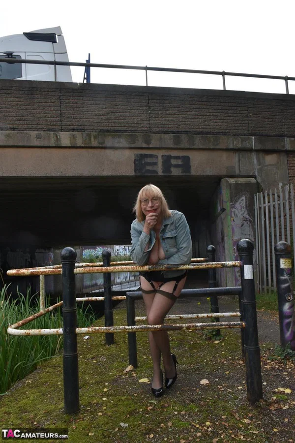 Older blonde Barby Slut flashes her tits and ass while out in public places  - Public, Mature, Saggy Tits, Amateur, Lingerie, Glasses, Short Hair, Outdoor, Big Tits, Stockings  - Photo 4