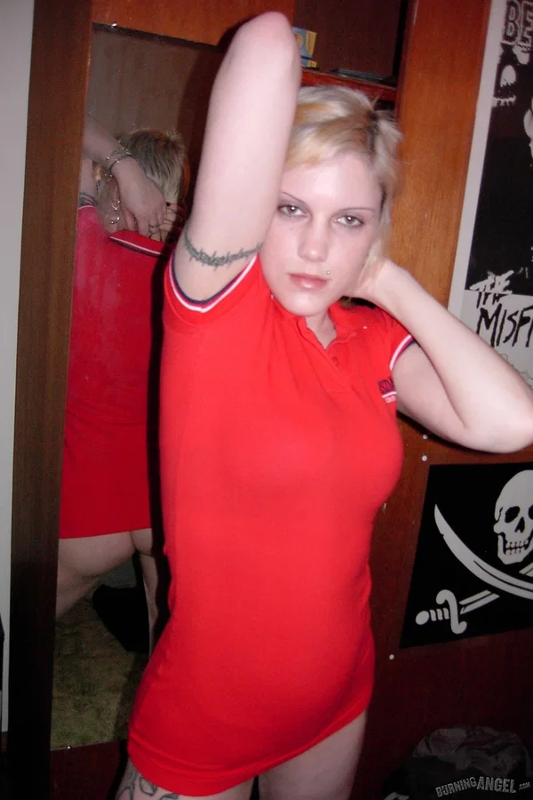 Sassy blonde fetish chick poses in skintight red dress flashing naked upskirt  - Fetish, Boots, Short Hair  - Photo 17