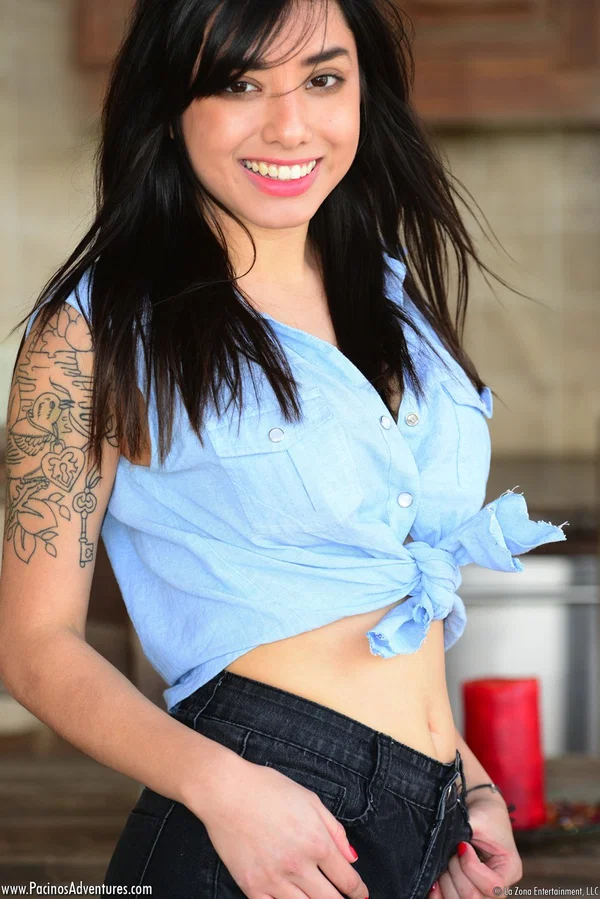 Dark haired amateur Zoe Martinez strips off her shorts and blouse in kitchen  - Latina, Shorts, Tattoo, Clothed, Teen, Amateur, Undressing, Dildo, Close Up, Masturbation  - Photo 3