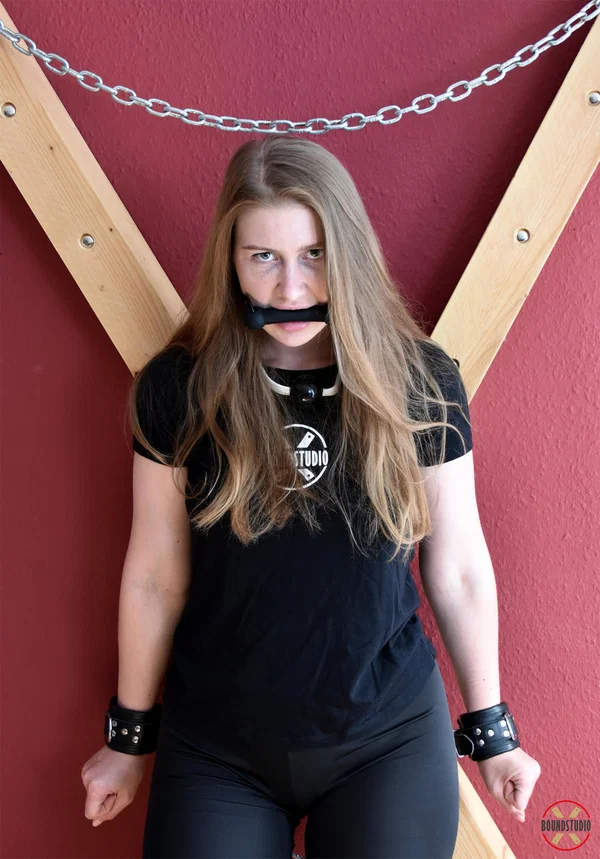 Experimental Yuly dons gags before being attached to a St Andrew's Cross  - BDSM, Bondage, Clothed, Non Nude  - Photo 7