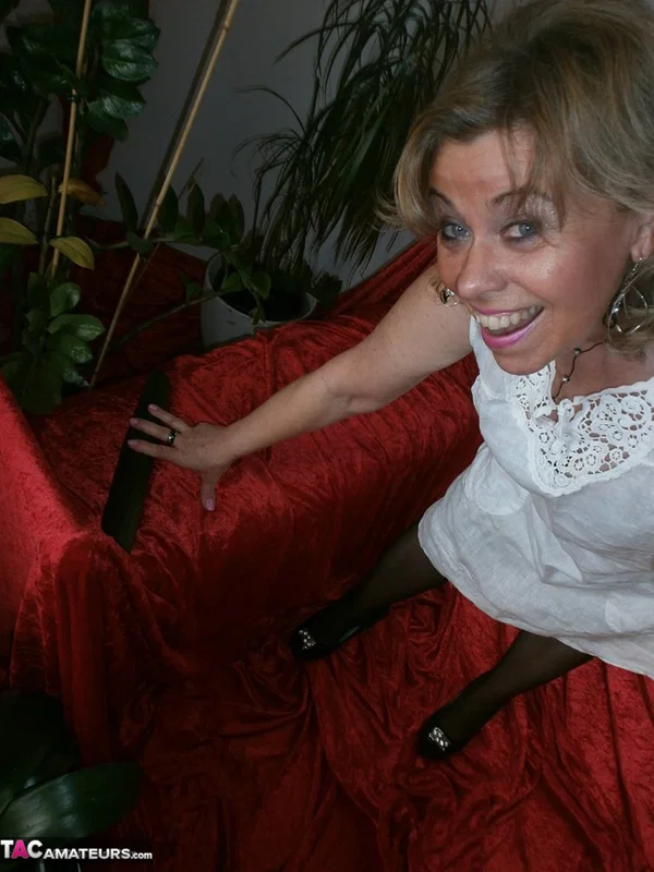 Mature blonde amateur Caro bares her natural tits and bush in stockings  - Mature, Amateur, BBW, Blonde, Stockings, Saggy Tits, Clothed, Chubby, Dildo, Skirt  - Photo 6