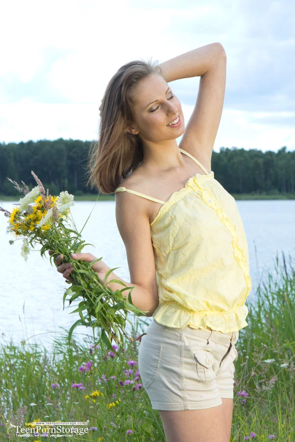Nice young girl Alba fingers her hairless vagina amid wildflowers  - Outdoor, Pussy, Amateur, Tiny Tits, Shaved, Close Up, Masturbation, Shorts, Spreading, Nipples  - Photo 2