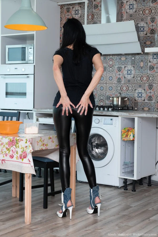 Skinny mature Nimfa Mannay plays with her hairy armpits and rubs her bush  - Mature, Yoga Pants, Saggy Tits, Latex, Hairy, Amateur, Feet, Pale, Pussy, Spreading  - Photo 2