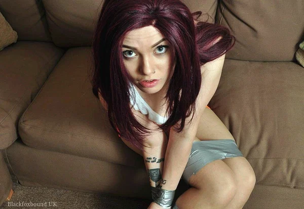 Caucasian girl Marilyn is silenced and restrained with silver duct tape  - Sports, Shorts, Bondage, Clothed, BDSM, Close Up, Tattoo, Non Nude  - Photo 12