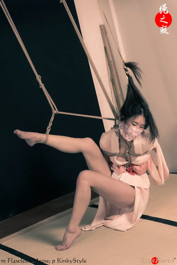 Asian chick Flawless Meow is tied with rope by her limbs and hair  - Asian, Bondage, BDSM, Clothed, Feet, Legs, Brunette  - Photo 1