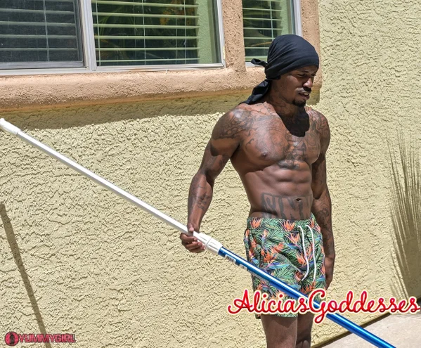 Tall brunette Sofie Marie blowing off a black muscular pool boy  - Big Cock, Interracial, Bikini, Tall, Pornstar, Pool, White, Glasses, Outdoor, Blowjob  - Photo 1