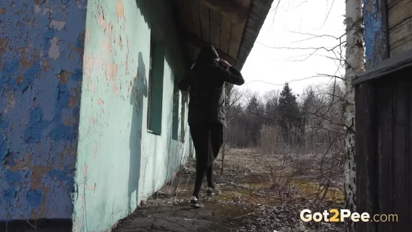Solo girl pulls down black hose before squatting to pee beside a building  - Public, Pissing, Pantyhose, Non Nude, Pussy, Shaved, Babe, Outdoor, European, Close Up  - Photo 14