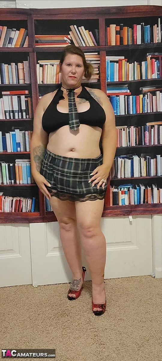 Amateur BBW Busty Kris Ann shows her big boobs before toying her bush  - BBW, Cosplay, Schoolgirl, Chubby, Amateur, Curvy, Clothed, Upskirt, Thick, MILF  - Photo 1