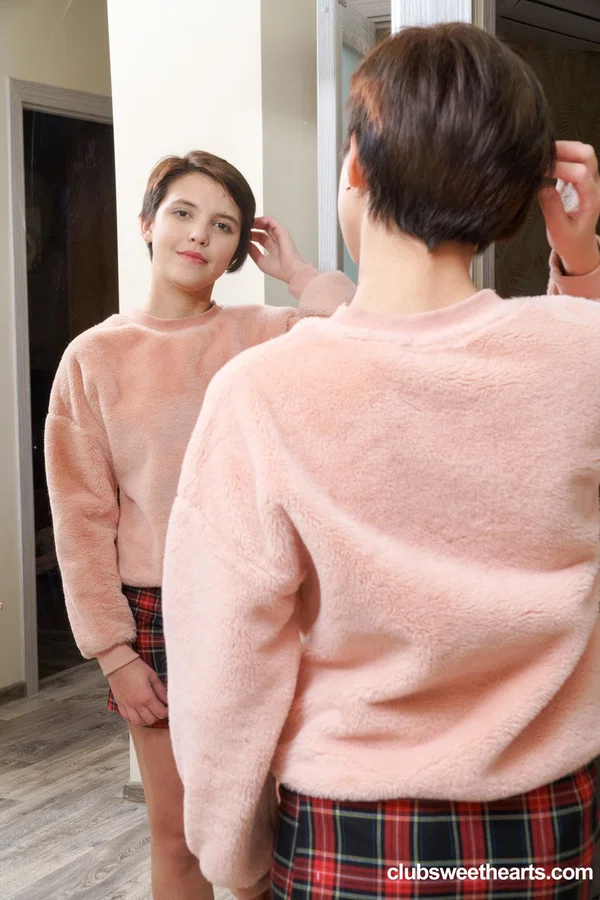 Short haired teen Alex Swon reveals her bald cunt and rubs it in red socks  - Short Hair, Petite, Socks, Teen, Masturbation, Pussy, Nipples, Cute, Skirt, Big Clit  - Photo 1
