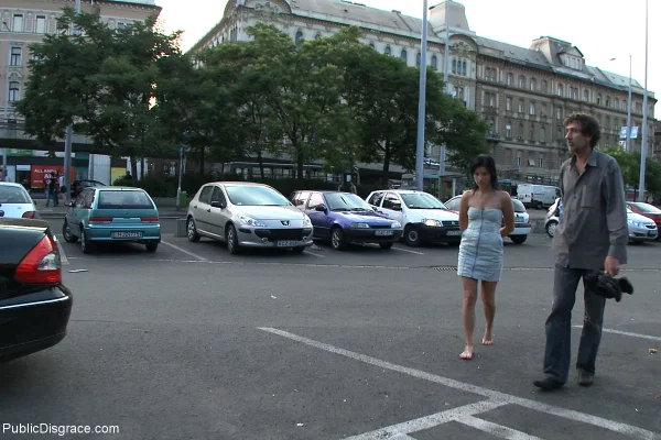 Amateur chick Lucy Bell is left handcuffed and naked on a public sidewalk  - Public, BDSM, Bondage, Outdoor, Ass, Skirt, Natural Tits, Non Nude, Upskirt, Clothed  - Photo 5