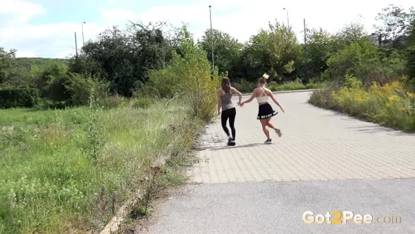 Hot lesbian joggers Vicky & Chrissy pause to squat for a pee on the path  - Pissing, Public, Lesbian, Pussy, Spreading, Reality, Shaved, Clothed, Skirt, Ass  - Photo 15