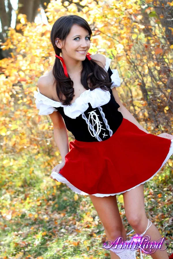 Sweet teen Andi Land frees her tits and twat from a Red Riding Hood outfit  - Cosplay, Pigtails, Undressing, Panties, Skirt, Amateur, Beautiful, Outdoor, Clothed, Skinny  - Photo 13