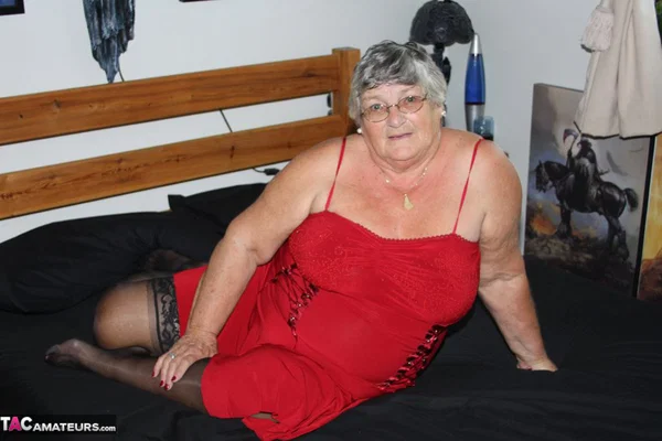Overweight nan Grandma Libby finger fucks on a bed in lingerie and nylons  - Granny, BBW, Stockings, Amateur, Glasses, Big Tits, Chubby, Curvy, Thick, Spreading  - Photo 1