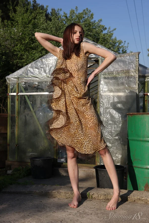 18 year old brunette Emma gets bare naked while gardening by a greenhouse  - Outdoor, Legs, Spreading, Skirt, Teen, Clothed, Tiny Tits, Upskirt, Glamour, Model  - Photo 2