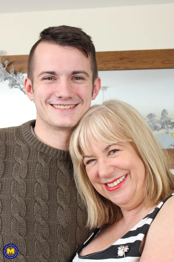 Blonde mature Auntie Trisha strips to lingerie and fucks a skinny guy  - Old Young, Mature, BBW, Thick, Curvy, Chubby, Undressing, Stockings, Blonde, European  - Photo 3