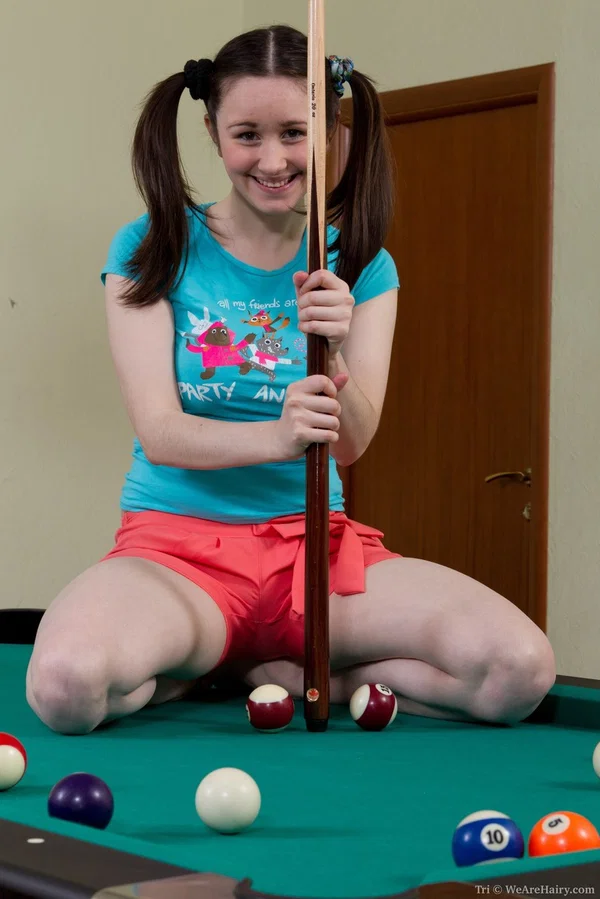 Pigtailed teen Tri playing with her hairy vagina on the pool table  - Teen, Babe, Big Tits, Hairy, Spreading, Clothed, Shorts, Panties, Pussy, Legs  - Photo 4