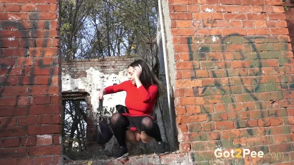 Pretty girl Sasha squats for a pee by a brick building in pantyhose  - Pissing, Public, Pantyhose, MILF, Pussy, Spreading, Outdoor, Close Up, Shaved, Beautiful  - Photo 2