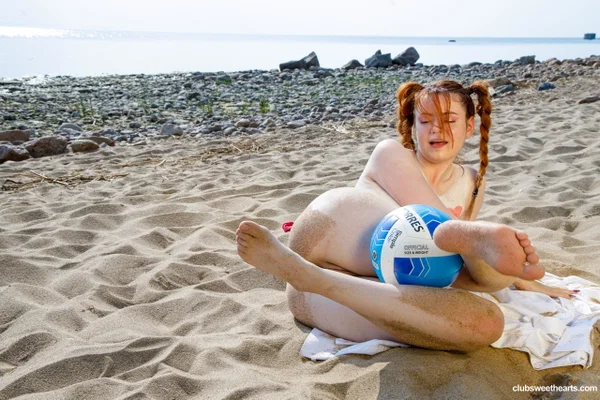 Pale redhead Kitsune Liss hits a volleyball ball naked on a beach in pigtails  - Sports, Beach, Teen, Cute, Pigtails, Outdoor, European, Pussy, Pale, Spreading  - Photo 17