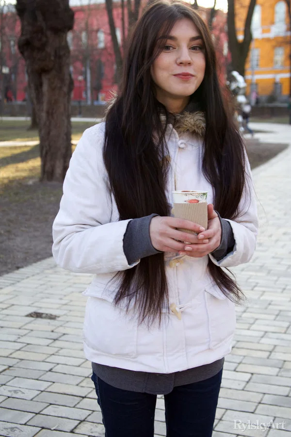 Skinny teen with long dark hair heads indoors to pose in the nude  - Public, Teen, Pussy, Nipples, Spreading, Ass, Shaved, Legs, Jeans, Outdoor  - Photo 1