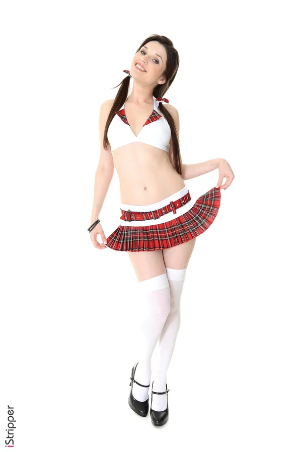Sweet girl Serena Wood strips off naughty schoolgirl attire to pose butt naked  - Face, Socks, European, Ass, Babe, Skirt, High Heels, Beautiful, Panties, Skinny  - Photo 1