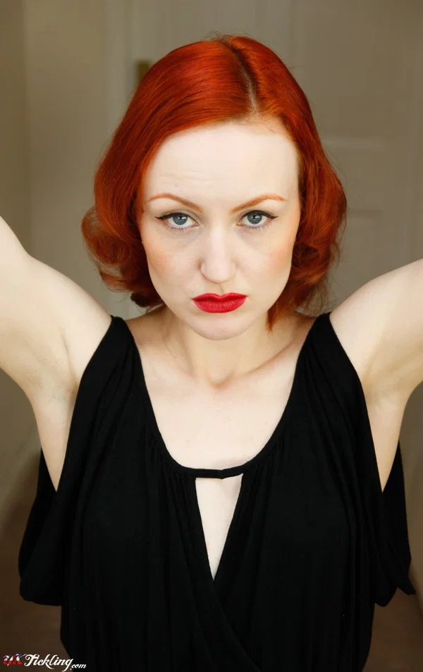 Pale redhead Anita De Bauch displays her hose covered feet in stocks  - Short Hair, Redhead, Clothed, Close Up, Face, Feet, Pale, Pantyhose, Bondage, British  - Photo 4