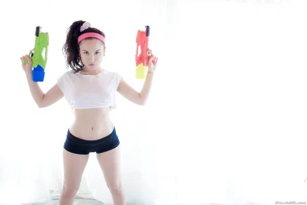 Gabriella Paltrova puts down water guns and shows her great tits and ass  - Shorts, Babe, Clothed, Ass, Brunette, Tattoo, Pussy, Face, Legs, Spreading  - Photo 4