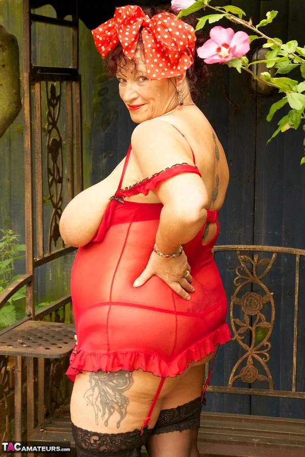 Fat older woman Dirty Doctor loose her big butt and boobs from red lingerie  - BBW, Mature, Big Tits, Outdoor, Stockings, Chubby, Amateur, Thick, Curvy, Lingerie  - Photo 14