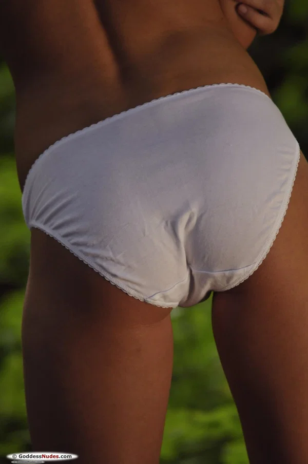 Solo girl removes a short skirt and cotton underwear to pose naked in a forest  - Outdoor, Panties, Tiny Tits, Babe, Upskirt, Skirt, Shaved, Pussy, Clothed, Feet  - Photo 5