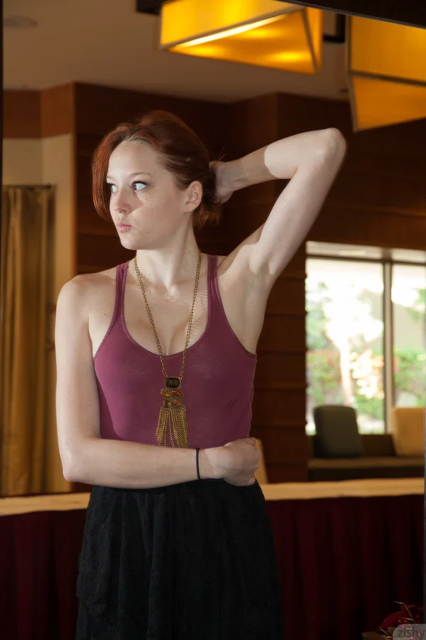 Shy teen Kimmy Diedrick flashes her purple panties in the hotel lobby  - Girlfriend, Natural Tits, Upskirt, Redhead, Outdoor, Armpit, Skirt, Non Nude, Teen, Petite  - Photo 2
