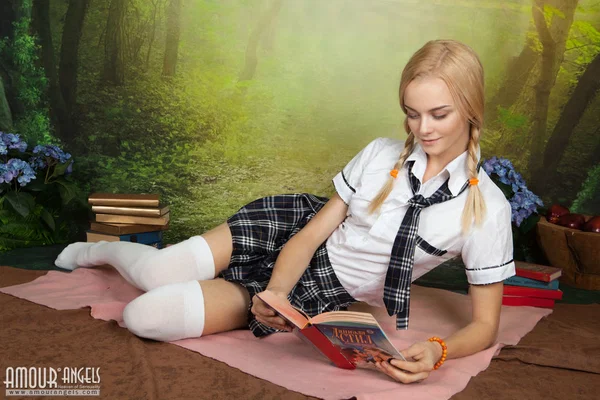Blonde student Natasha plays with her braided pigtails while getting naked  - Schoolgirl, Teen, Amateur, Beautiful, Babe, Blonde, Cute, Skinny, Pussy, Spreading  - Photo 3
