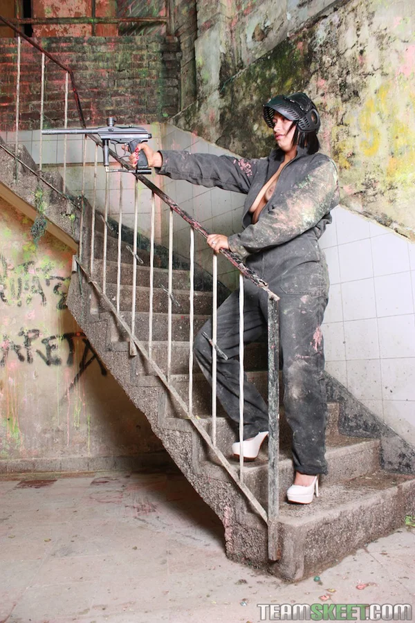 Colombian brunette Sandra Flores strips to her lingerie on the paintball field  - Teen, Latina, Cute, Pussy, Pretty, Outdoor, Non Nude, Spreading  - Photo 7