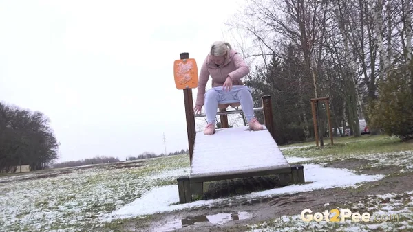 Blonde girl Licky Lex takes a pee on a snow-covered slide at a park  - Public, Pissing, Jeans, Beautiful, Czech, Pussy, Babe, Outdoor, Spreading, Close Up  - Photo 2