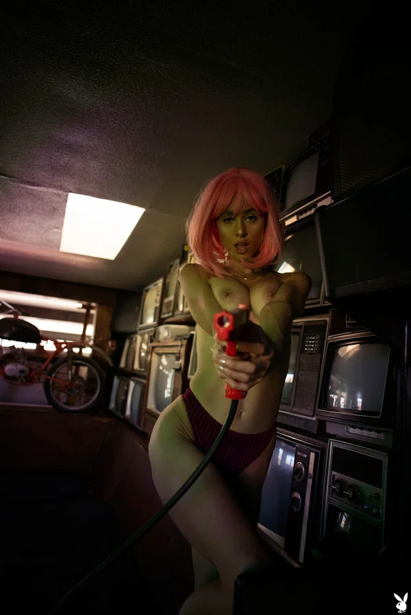Pink haired babe with big tits Noel Leon undresses and poses in front of TVs  - Mom, Centerfold, Glamour, Beautiful, Model, Short Hair, Pussy, Big Tits, Babe, Spreading  - Photo 7